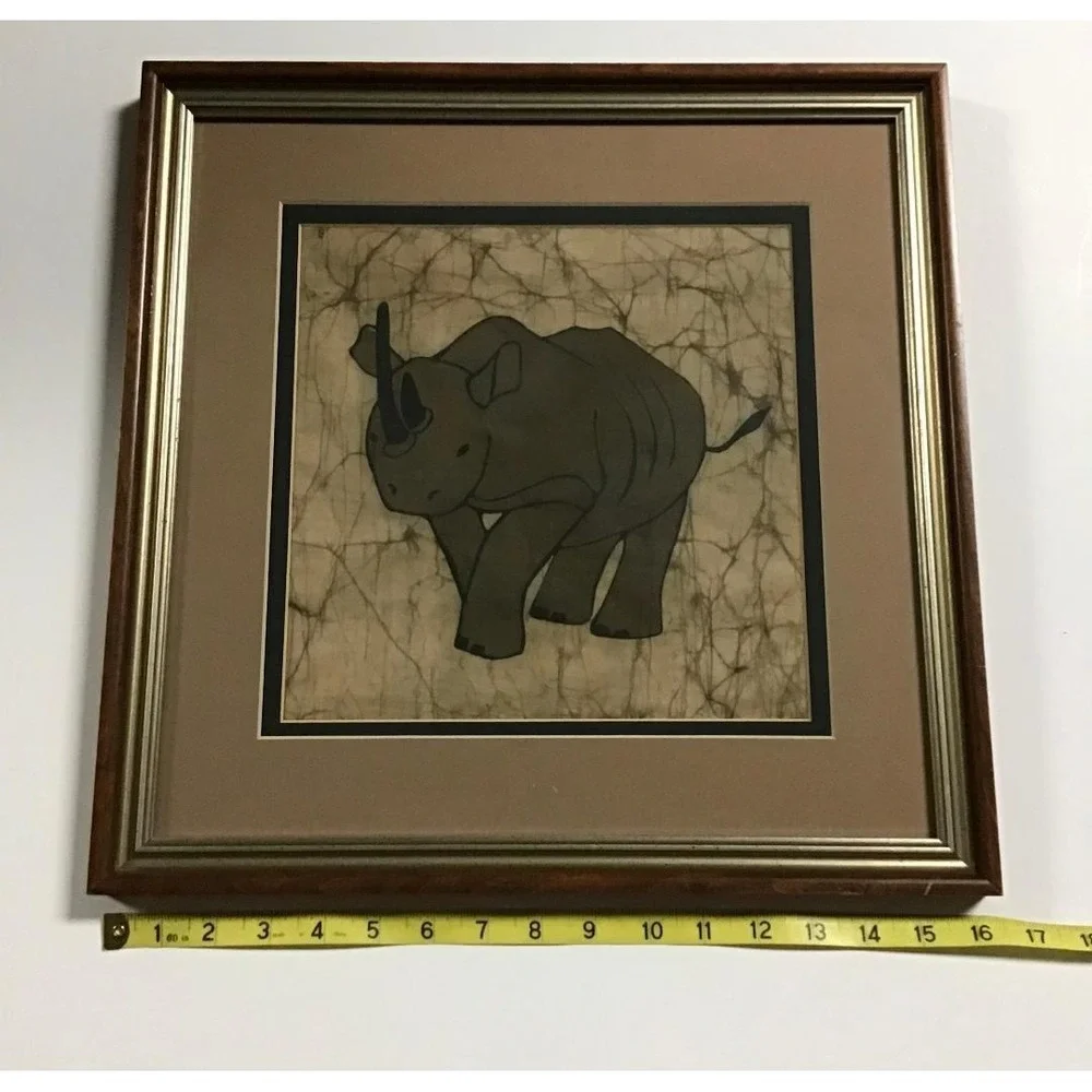 Vintage‎ African Rhino Batik Fabric Art Framed Textile Rhinoceros Tribal Decor